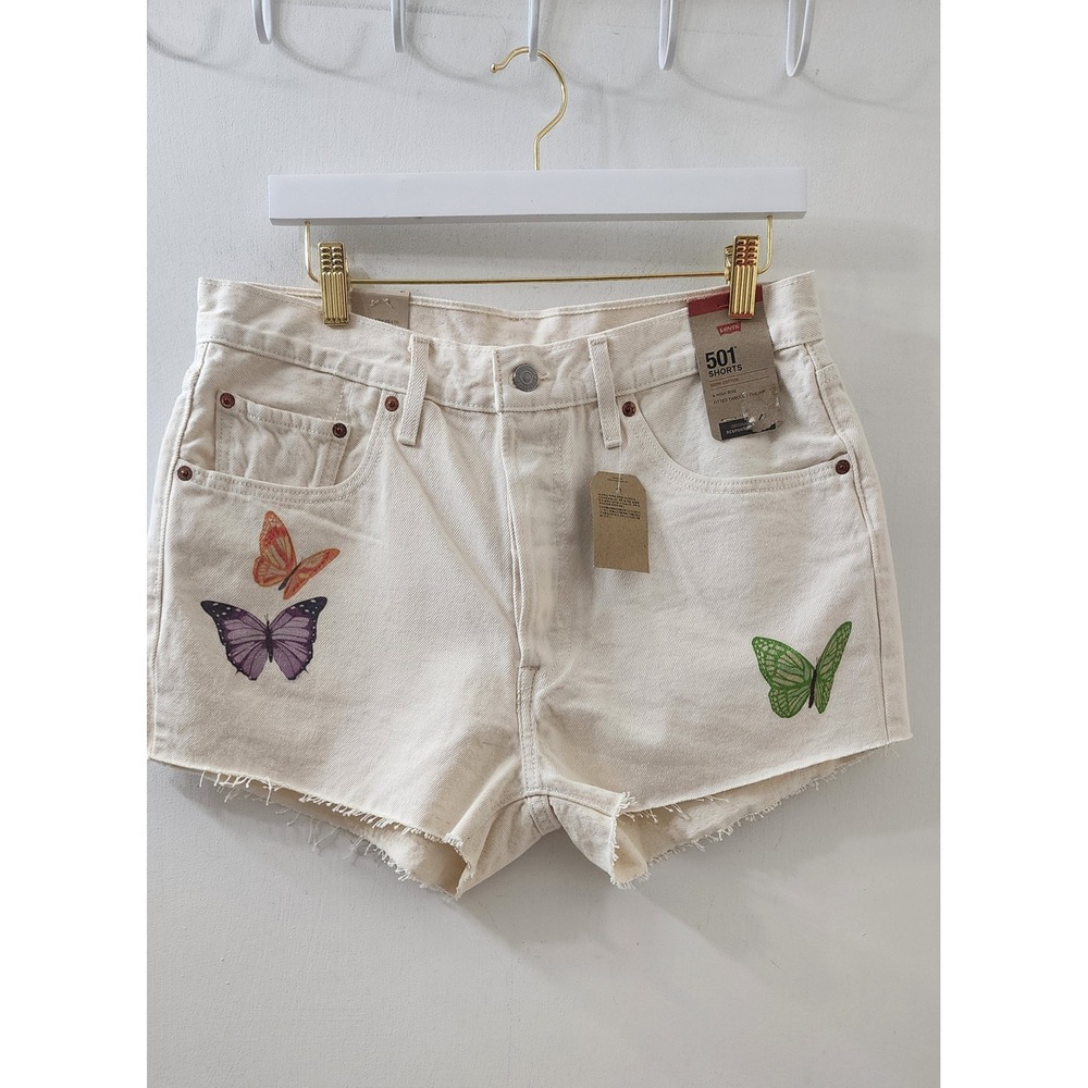 Levis 501 Original High Rise Butterfly Denim Shorts Off White Cream Sz 31 NWT